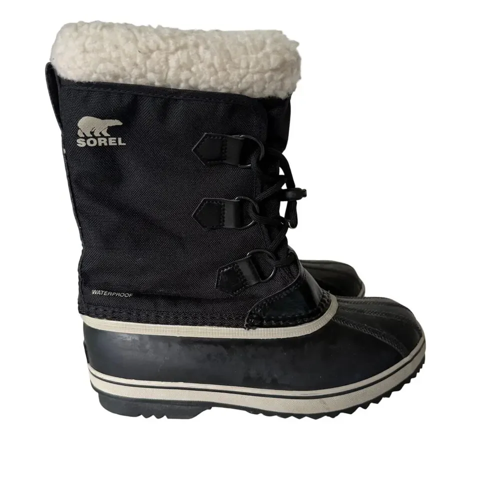 Sorel youth size 4 cream-colored sherpa black waterproof nylon snow boots